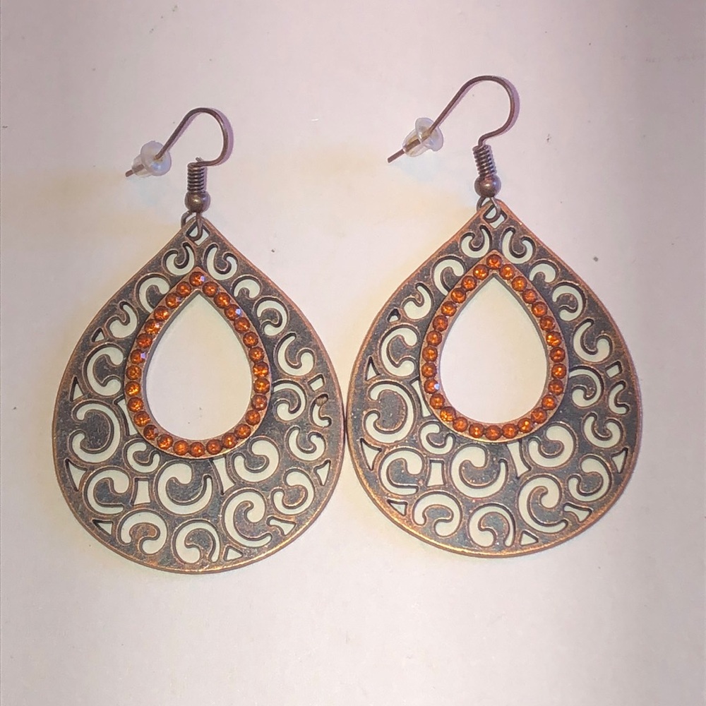 Copper Tone Boho Teardrop Filigree Earrings with Orange Crystal Accents